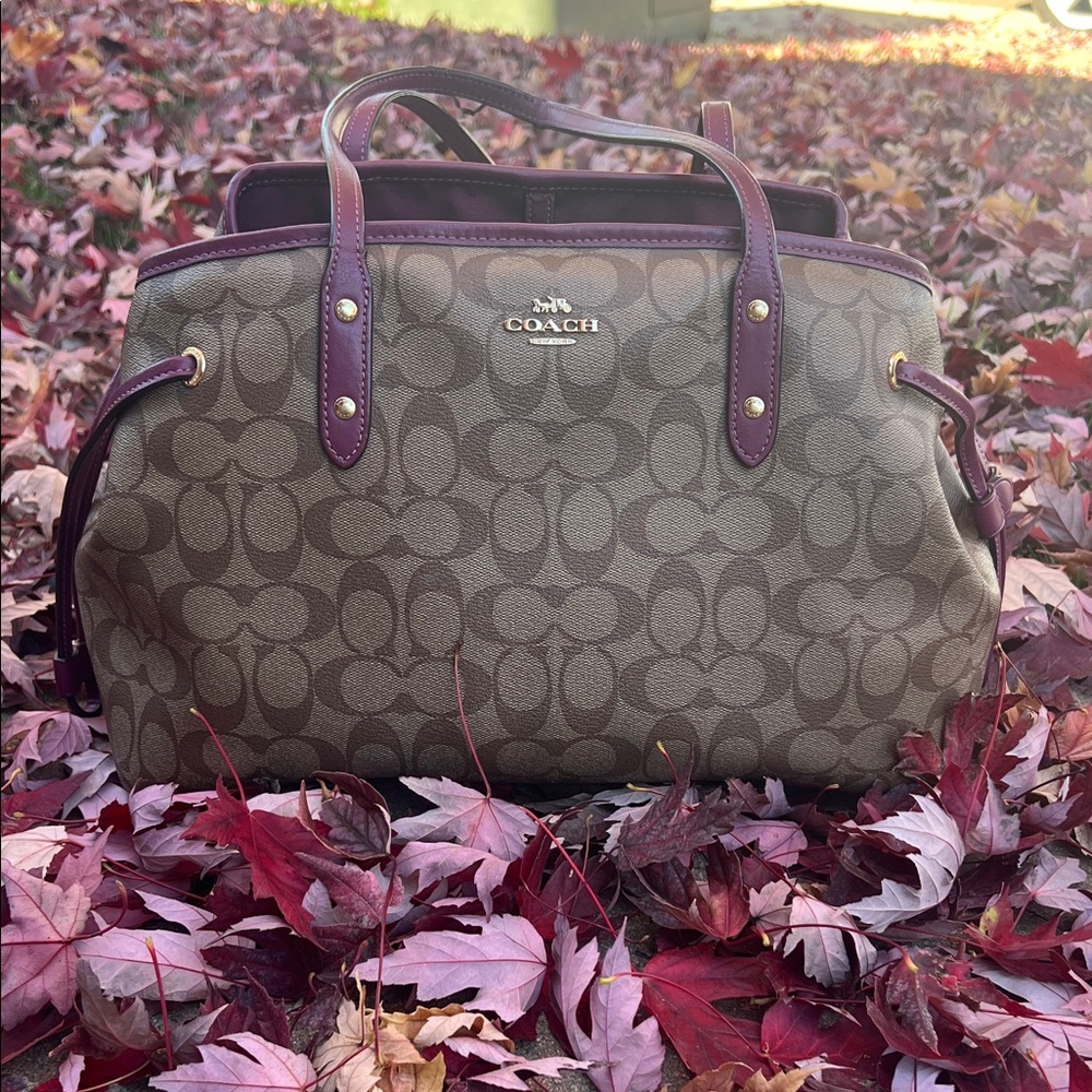 Coach Brown and Purple Signature Carryall Drawstring Shoulder Purse